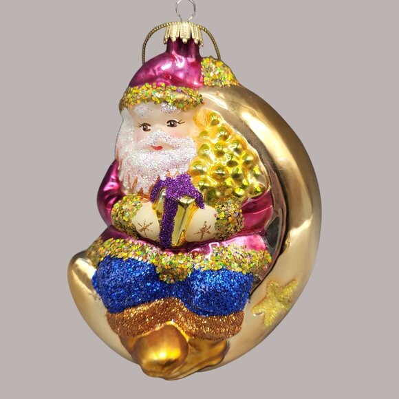 Vintage Hand Blown Glass Christmas Ornament Santa Claus On Moon Holiday Decor - Picture 1 of 7
